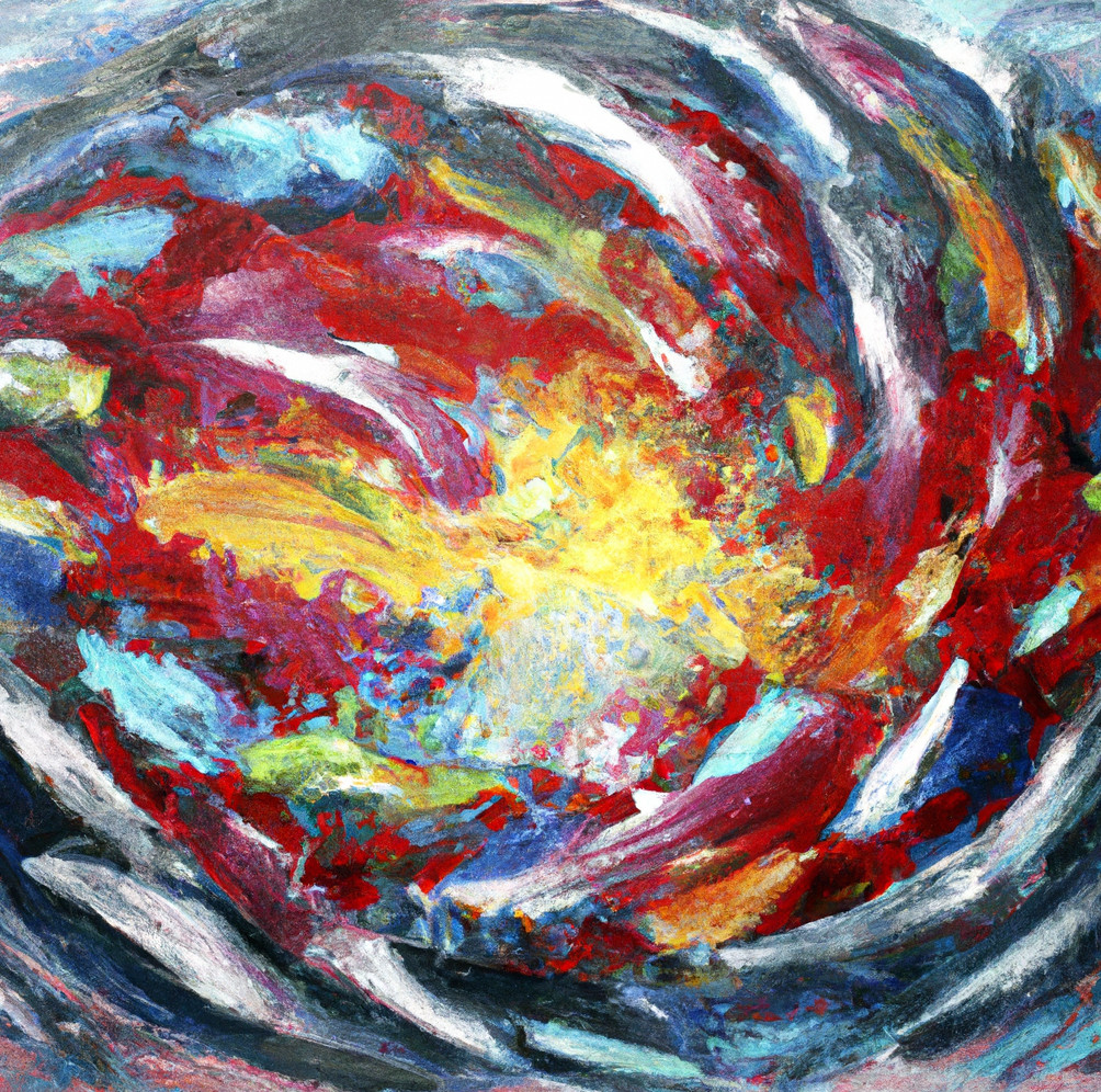 Expressionist oil painting of a glass prince rupert's drop exploding by DALL·E 2 (top right and bottom).
